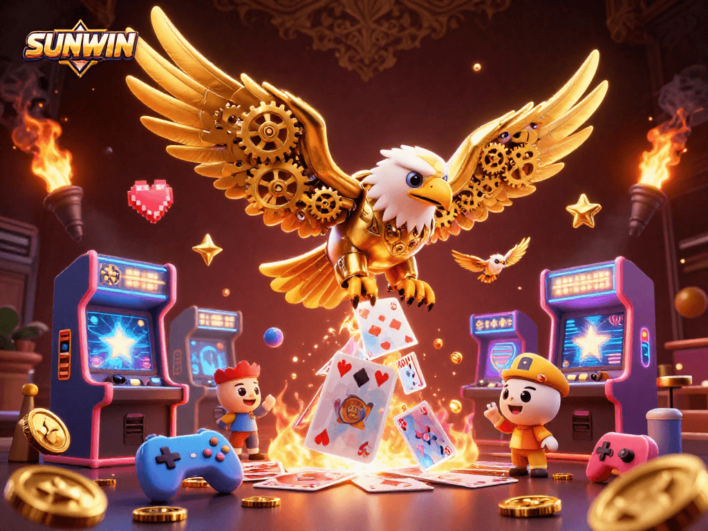 SUNWIN interactive charm with a cybernetic eagle in a vibrant casino ambiance, showcasing engaging gaming elements.