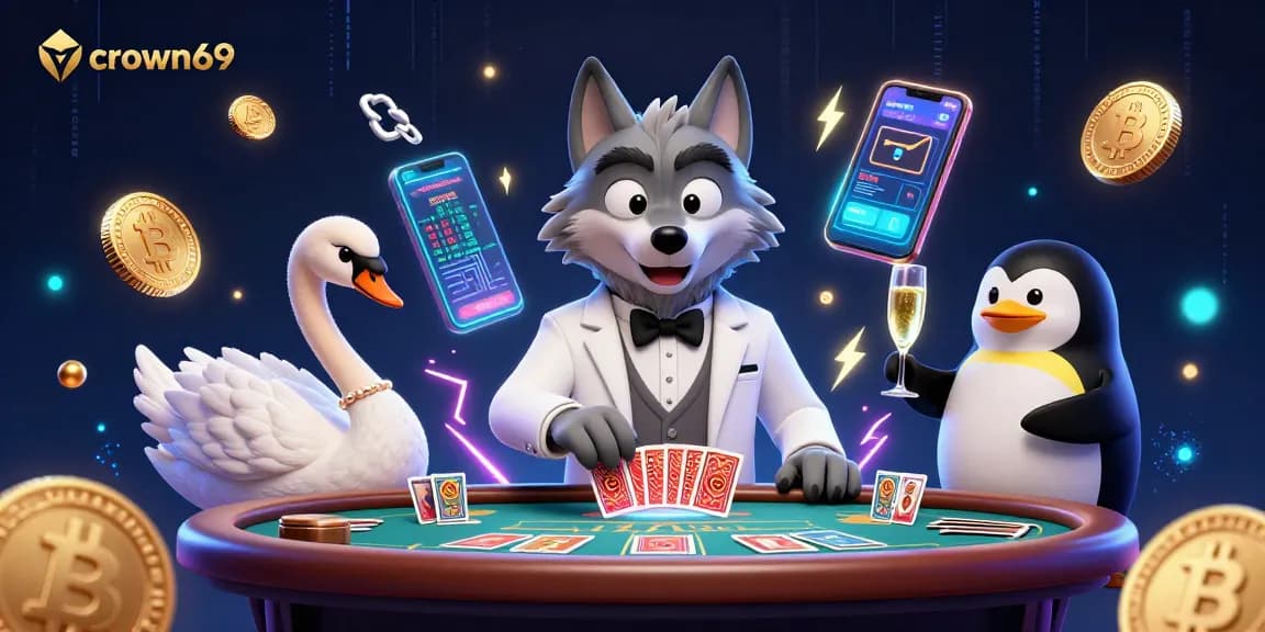 Experience crown69's vibrant casino scene featuring a debonair wolf, elegant swan, and penguin sommelier.