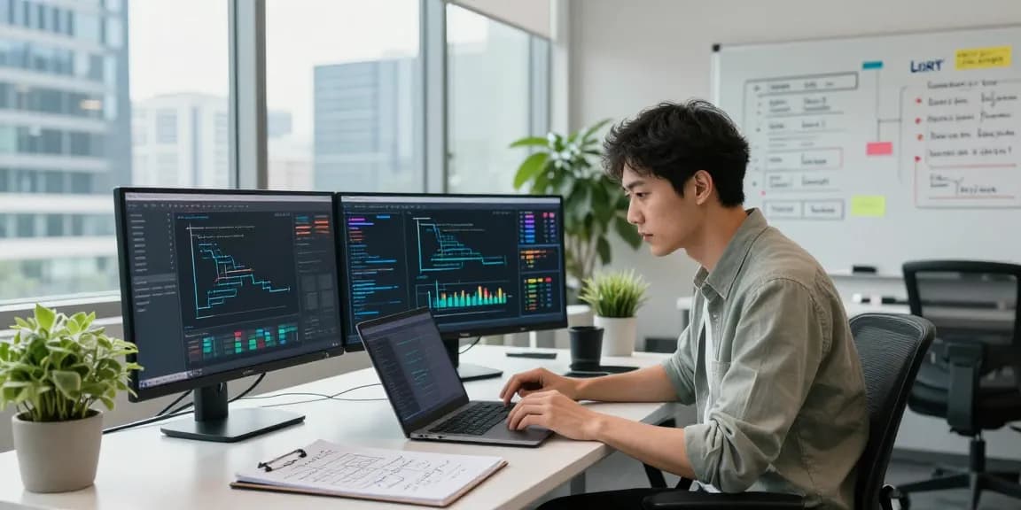 Data scientist using crush ai in a modern office with algorithm visuals and collaborative atmosphere.