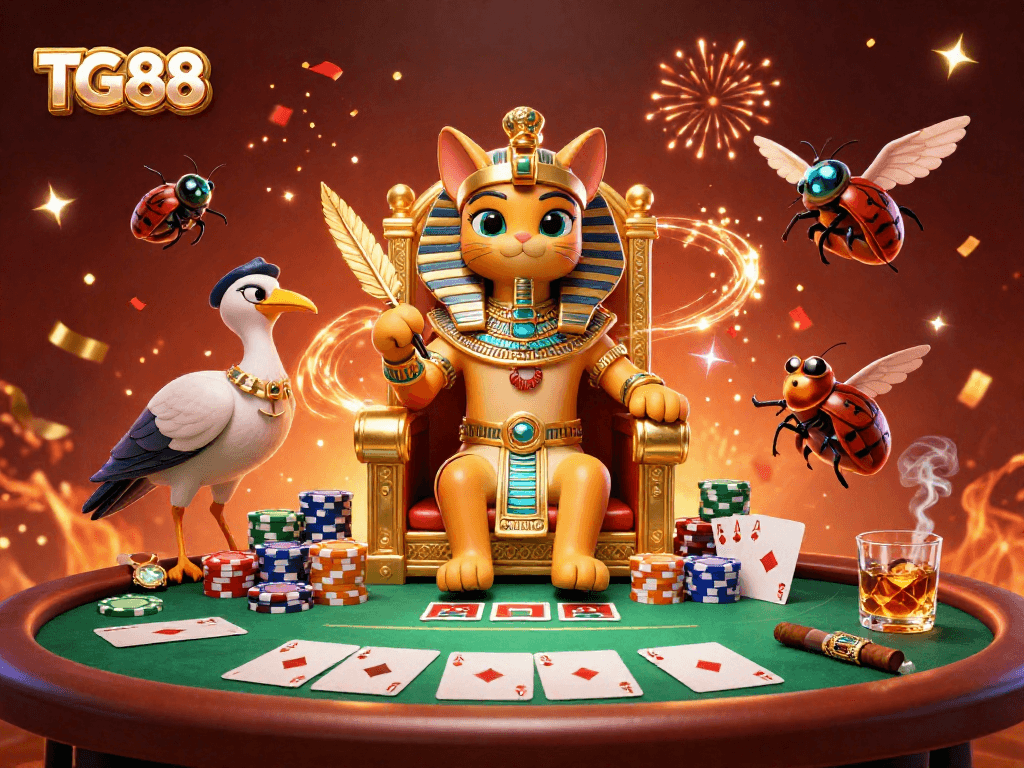 Witness TG88's Egyptian-themed gaming extravaganza with 3D cat pharaoh, poker elements, and celebratory confetti.