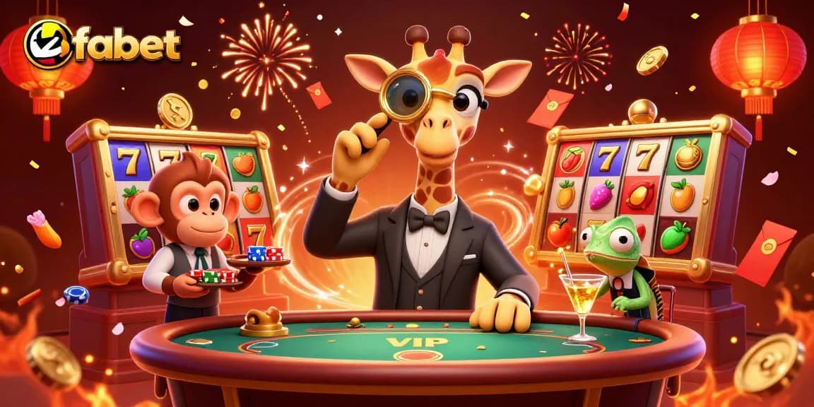 Join the fun with fabet's vibrant 3D casino scene featuring a high-roller giraffe, monkey valet, and cocktail mixing chameleon.