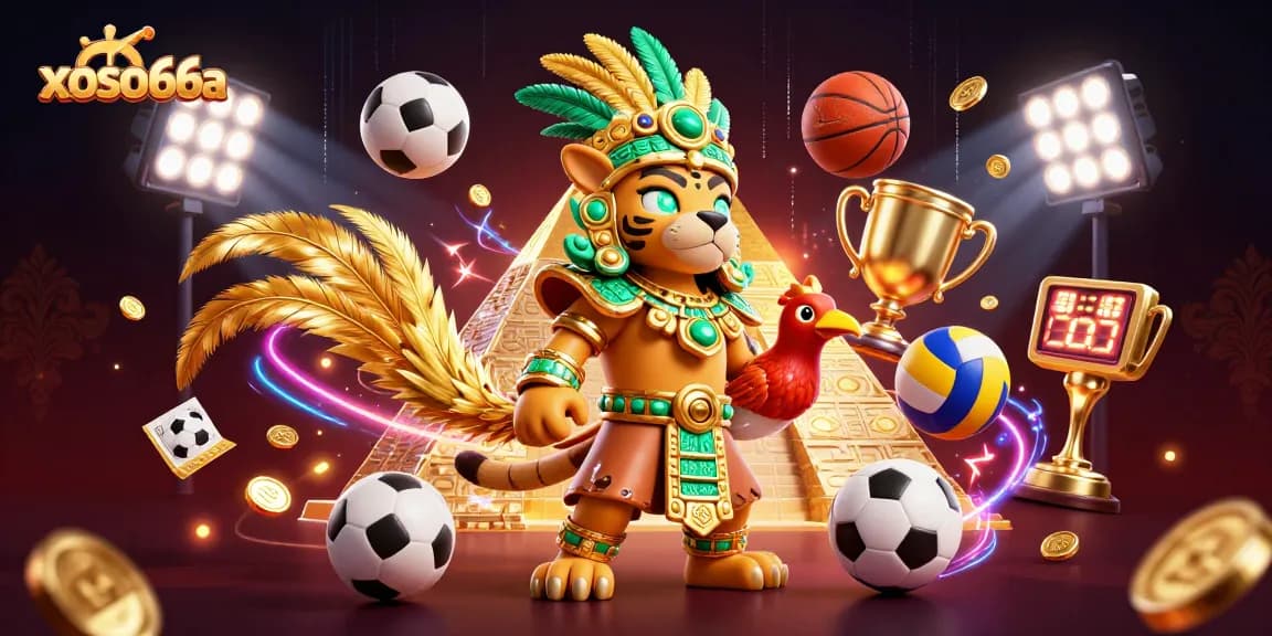 Experience the excitement of xoso66a with dynamic sports elements and a Mayan priest in a vibrant casino scene.