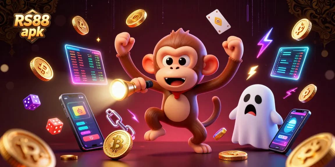Engage with RS88 apk in this dynamic 3D casino scene featuring a mischievous monkey and a ghost-hunter puppy.