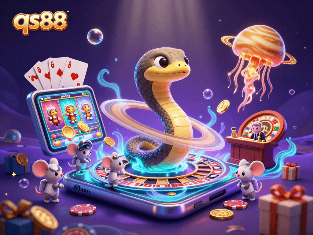 Experience qs88 excitement with a cosmic casino scene featuring bets and wins amidst vibrant visuals.