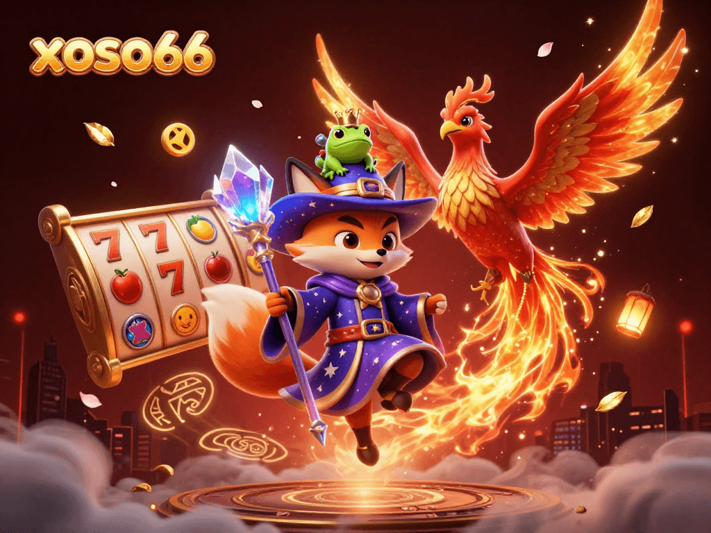 Spin the reels at xoso66 in a magical 3D gaming scene with dazzling characters and vibrant casino elements.