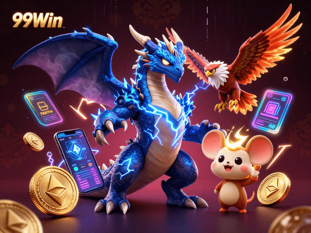 Experience thrilling gaming adventures at 99Win with vibrant thunder dragon, glowing elements, and cryptocurrency.