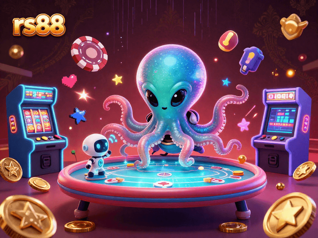 Experience thrilling games at rs88 with a colorful 3D alien octopus and casino themed elements.