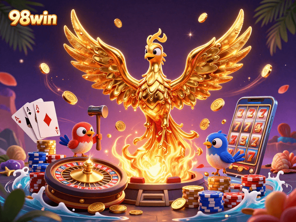 Win big with 98win's casino adventures featuring a golden phoenix and dazzling game elements.
