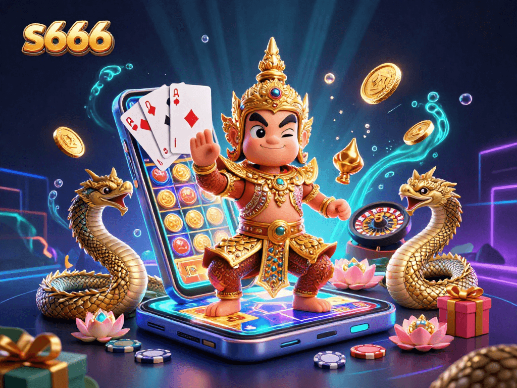 Engage with the immersive gaming experience at s666 featuring vibrant slot games, golden coins, and dynamic gameplay elements.