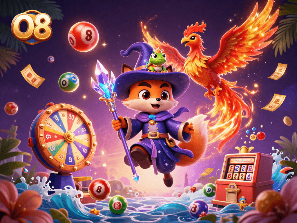 Engage with O8 for thrilling lottery action featuring mystical characters in a vibrant casino scene.