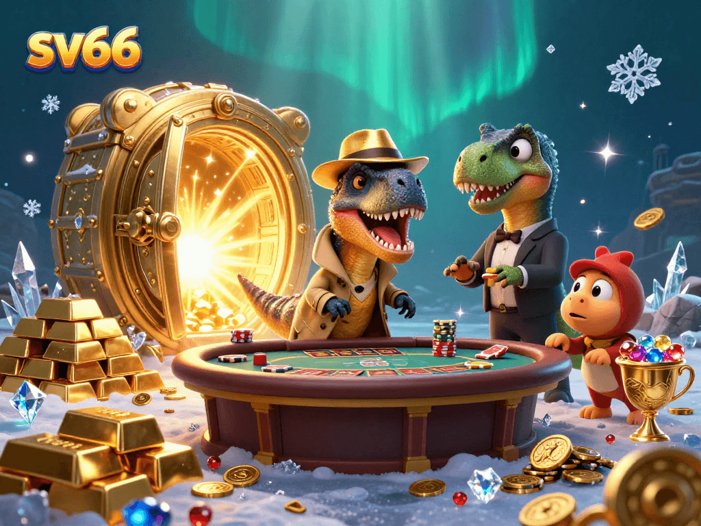 Experience thrilling blackjack action at sv66 with cartoon dinosaurs amid treasure-filled chaos.