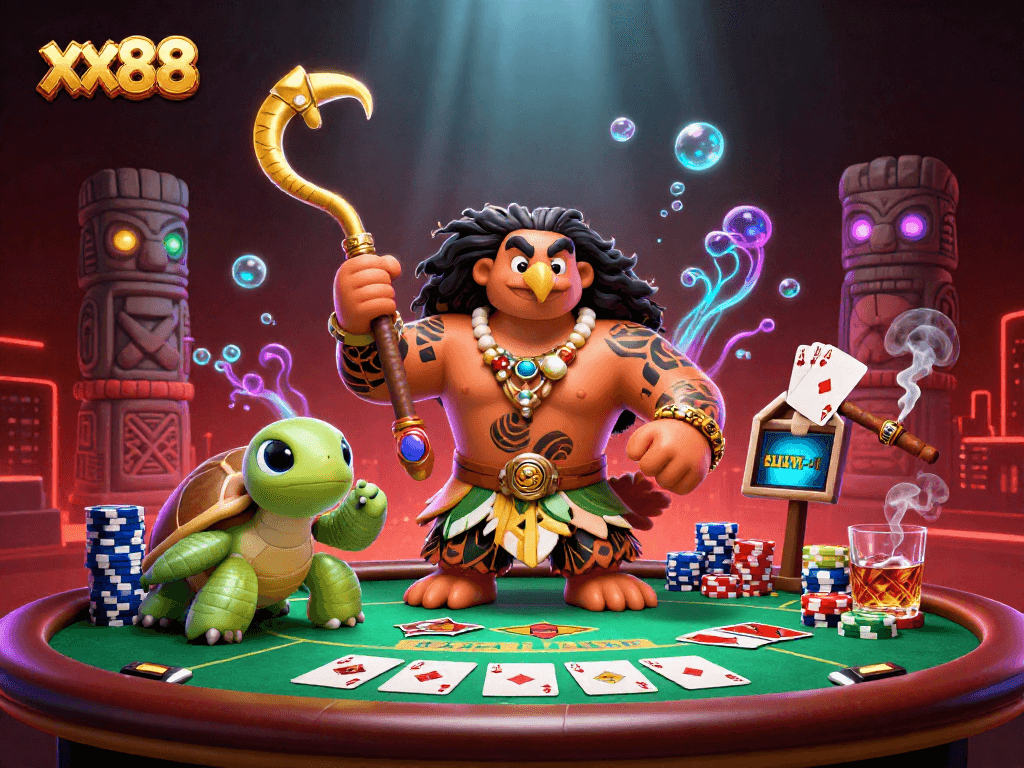 xx88 showcases a vibrant 3D illustration of a poker-themed adventure featuring a demigod and turtle.