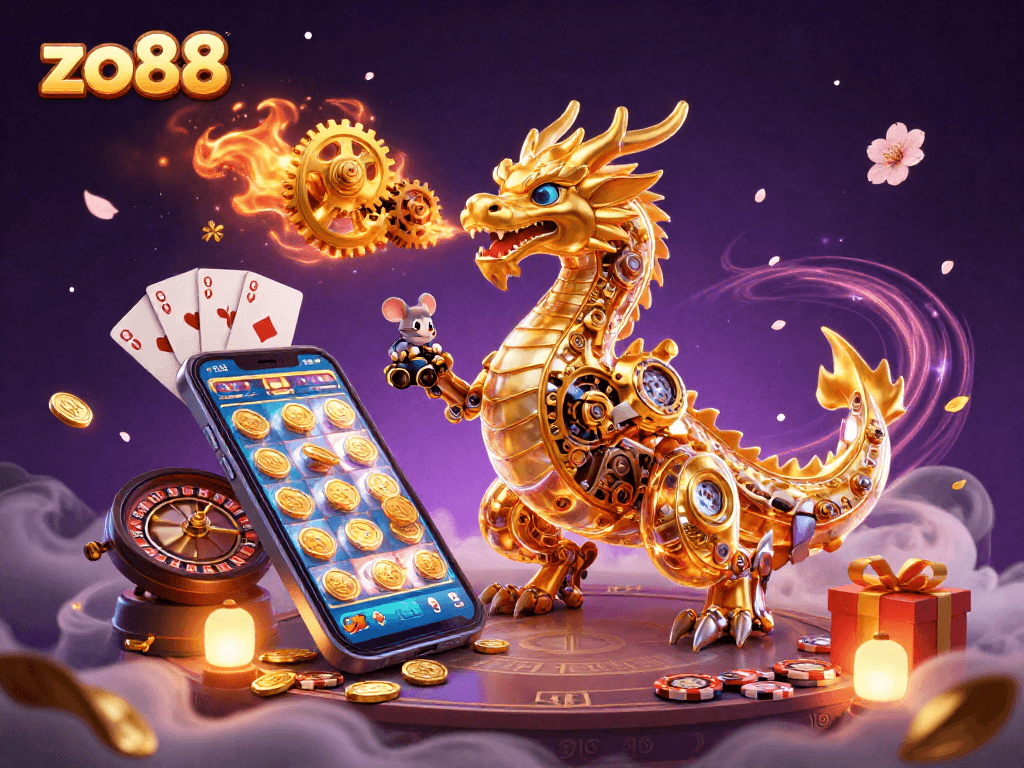 Experience the magic of zo88 with a golden dragon breathing gears within a vivid casino scene.