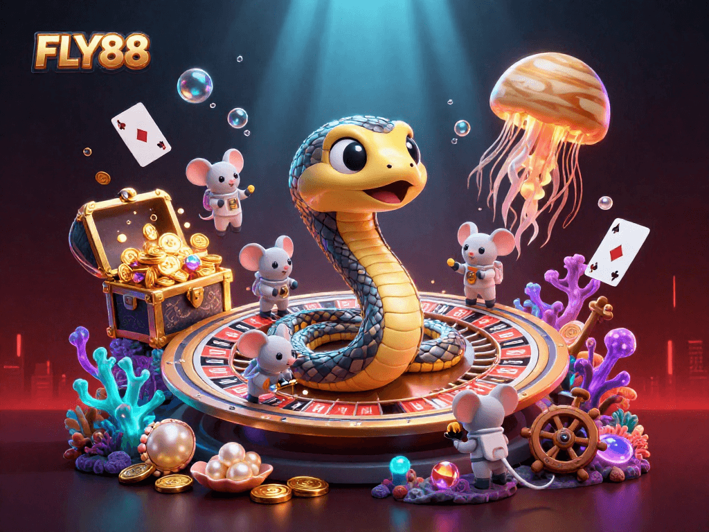 Engage with FLY88's cosmic roulette moment as astronaut mice gamble amidst colorful gems.