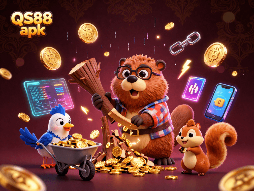 Experience gaming excitement with QS88 apk featuring a lively casino atmosphere and gold coins raining down.