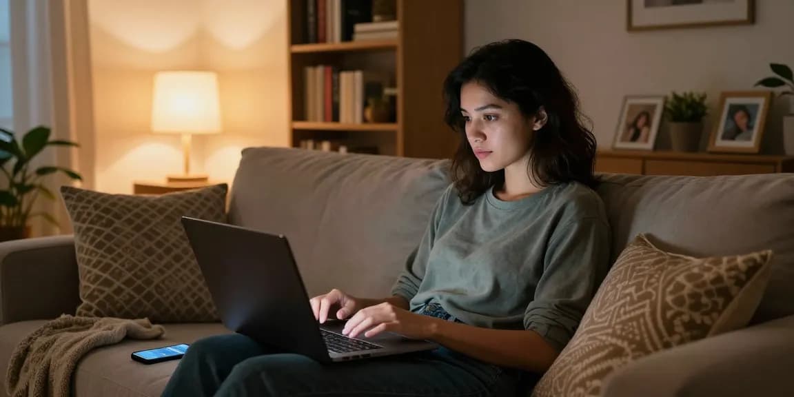 Engaging in a sex chat AI session in a cozy living room with a relaxed atmosphere.
