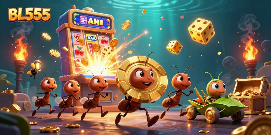 Experience the thrilling heist with BL555 as ants transport a giant golden poker chip in a vibrant casino scene.