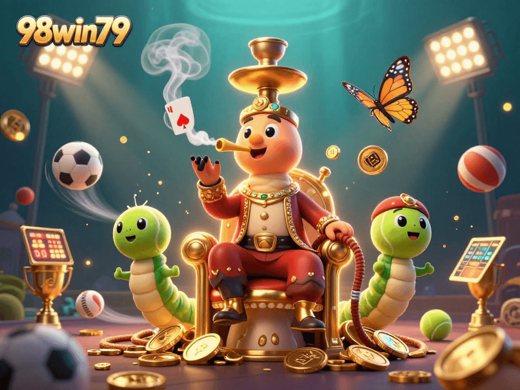 Explore the exciting betting atmosphere at 98win79 with dynamic characters and casino elements.