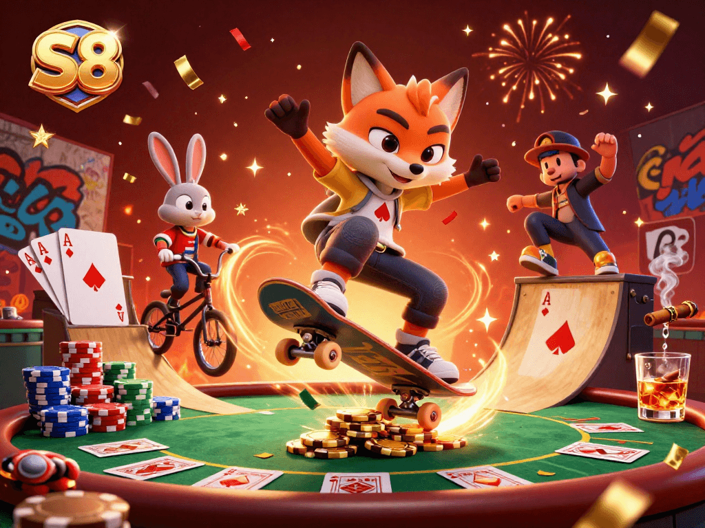 Engage with S8's thrilling casino atmosphere featuring lively characters in action.