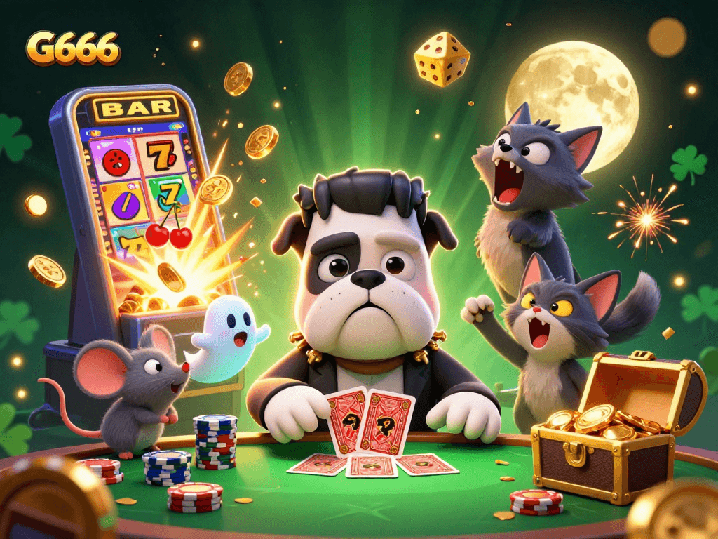 Engage in thrilling slots action with G666, as iconic characters animate a vibrant casino scene.