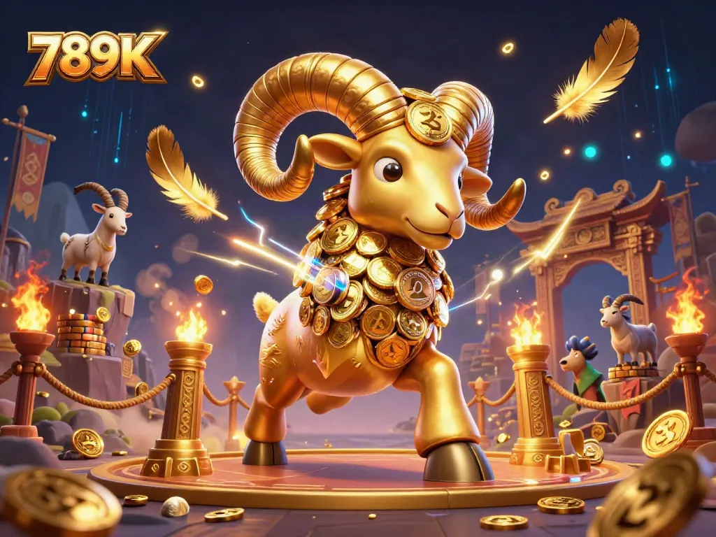 Win big at 789K with dynamic 3D illustration featuring a golden ram charging through an ancient temple, filled with coins and immersive casino elements.