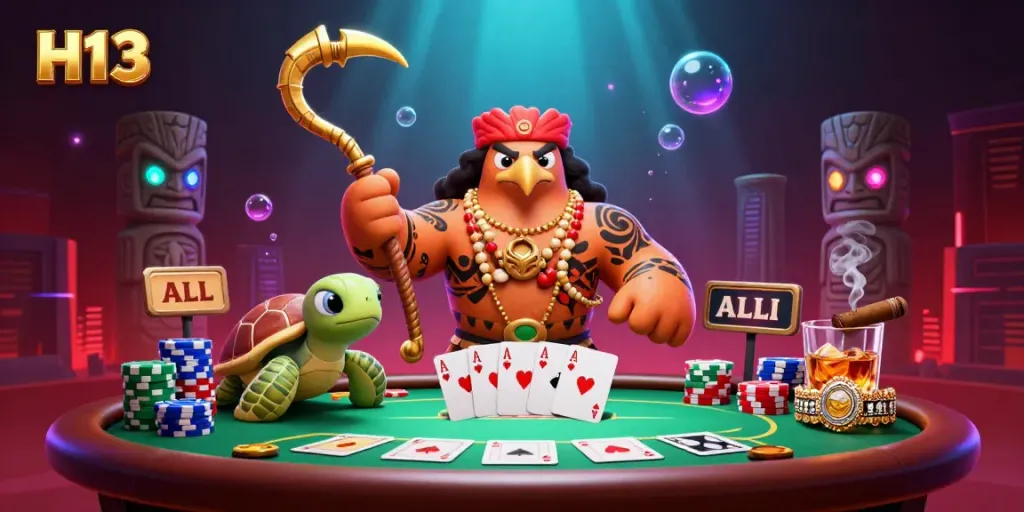 Experience thrilling gameplay with H13's vibrant 3D casino illustration featuring a demigod hawk and poker elements.