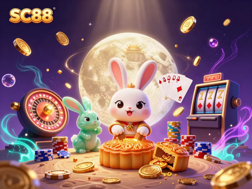 Hòa mình vào không gian giải trí SC88 với thỏ trăng đang sáng tạo bánh trung thu và chip poker trong thế giới ảo.