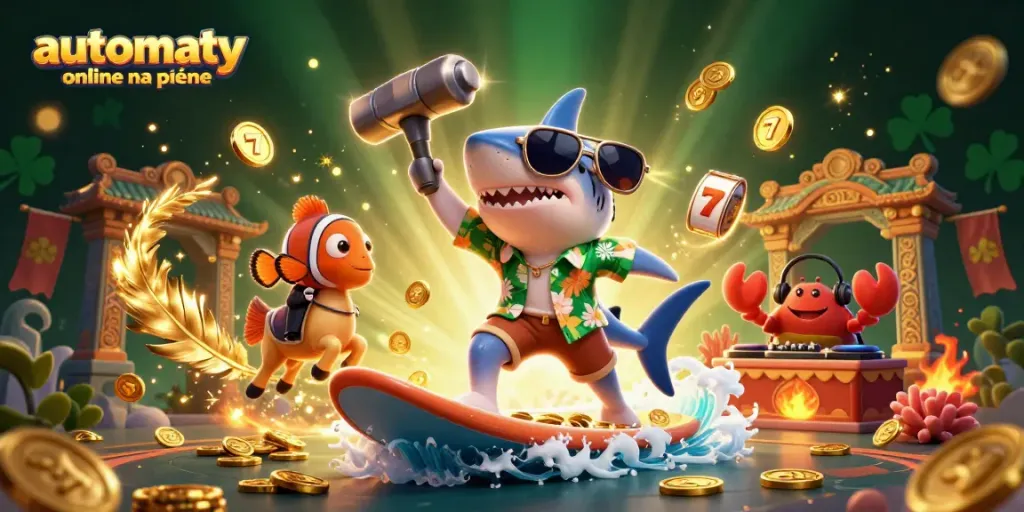 Engage in automaty online na pieniądze with a vibrant scene of a shark surfing a wave of gold coins.
