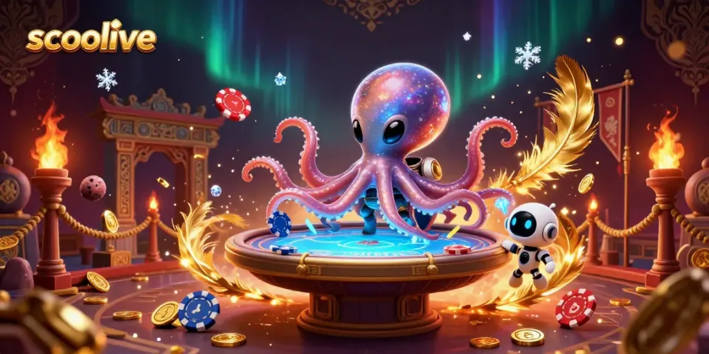 Experience exciting poker action with Socolive’s unique alien octopus dealer in a vibrant extraterrestrial casino setting.