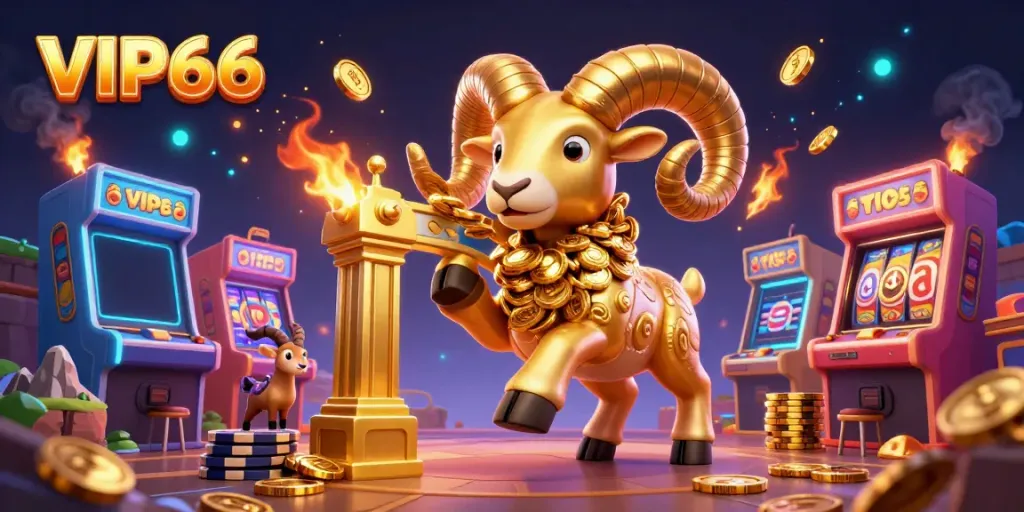 Experience high-stakes excitement with VIP66 as a golden ram bursts through a cash-filled gate amid 3D slots and casino thrills.