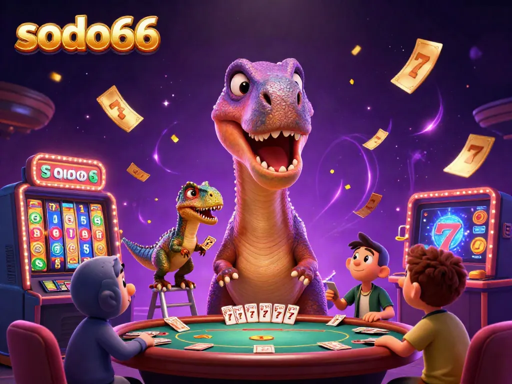 Sodo66 delights players with a vibrant cartoon scene featuring a playful brontosaurus and raptor at a bustling casino.