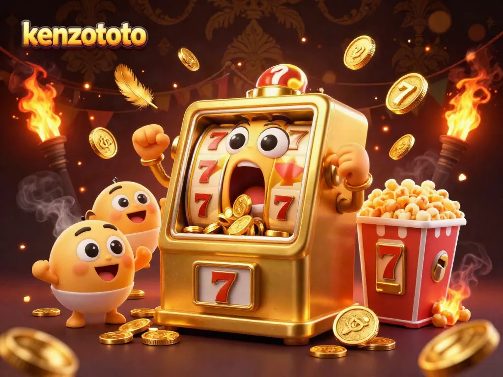 Play engaging games at kenzototo with a vibrant casino scene featuring joyful slot machines and gold coins.