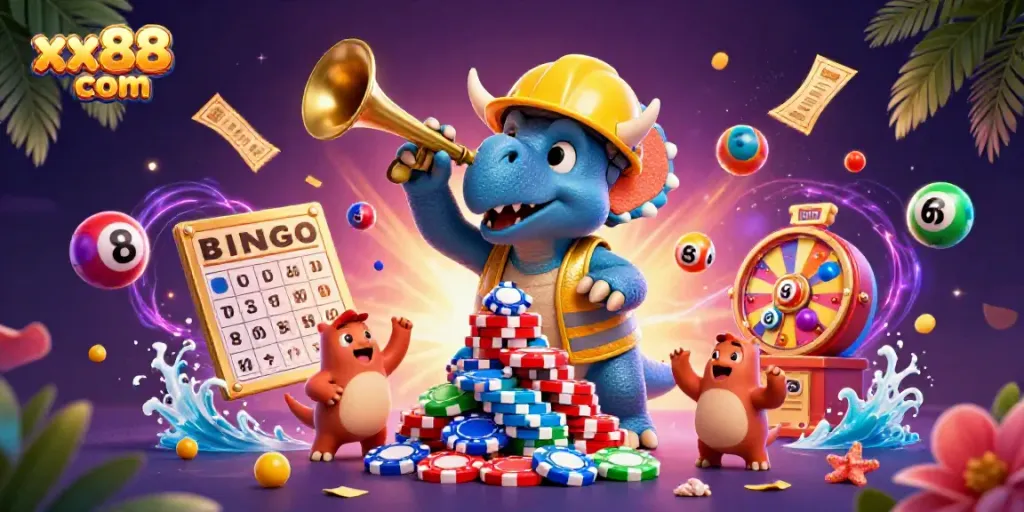 Experience the excitement of xx88 com with a dynamic scene featuring a cheerful triceratops building poker chips amidst colorful lottery elements.