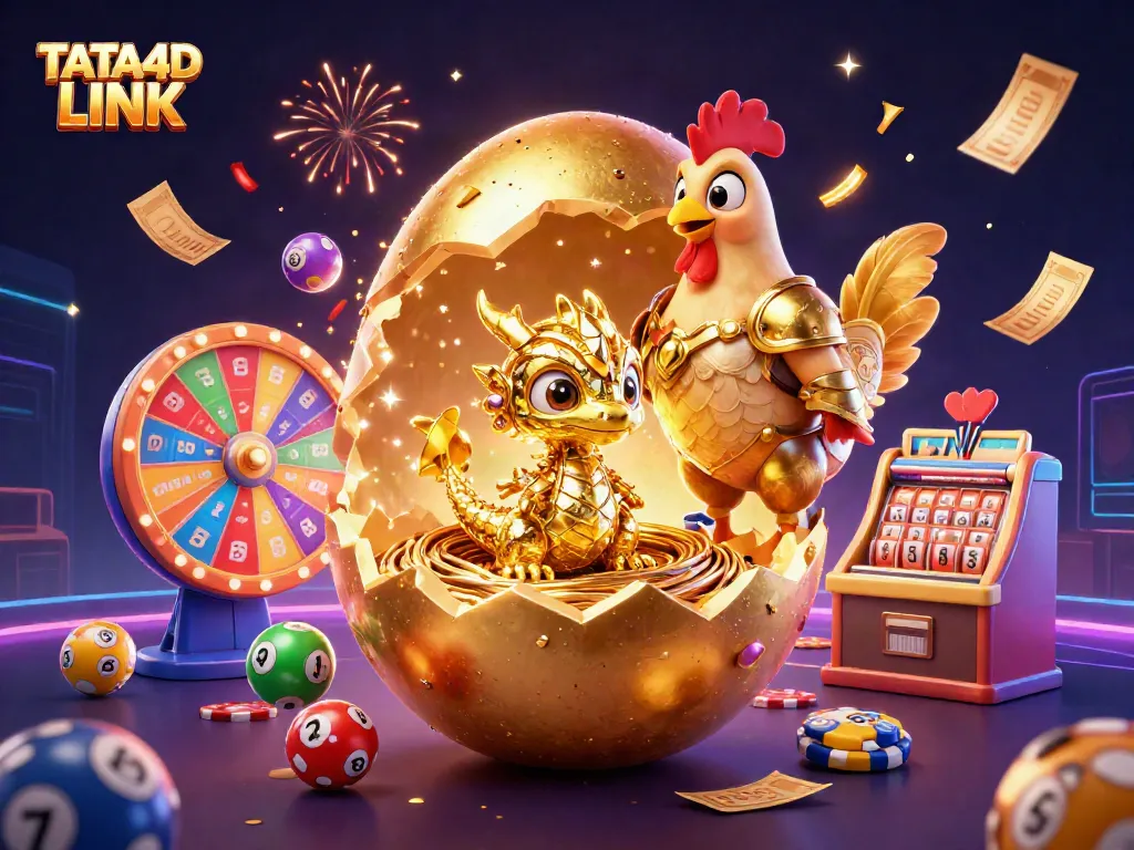 TATA4D LINK showcases a golden dragon with poker chips, animated lottery balls, and festive elements.