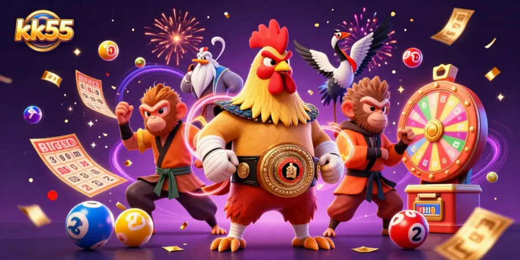 Engage with kk55 gaming adventures featuring a dynamic 3D scene of iconic characters and casino elements.