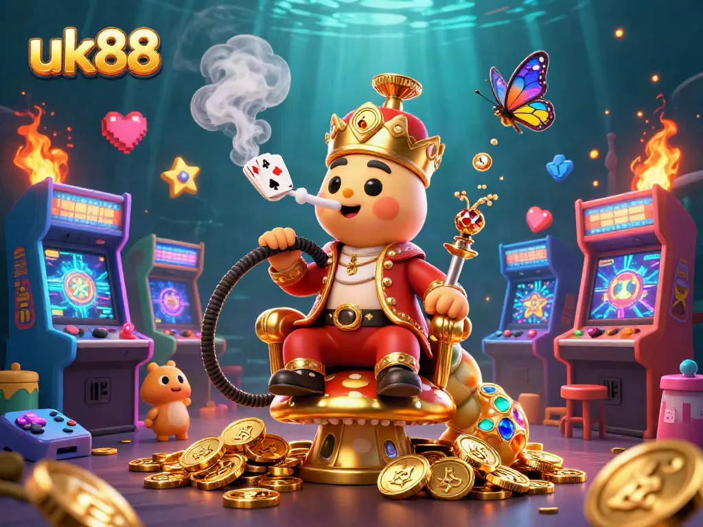 Bet on uk88 with a vibrant scene featuring a caterpillar master among casino elements.