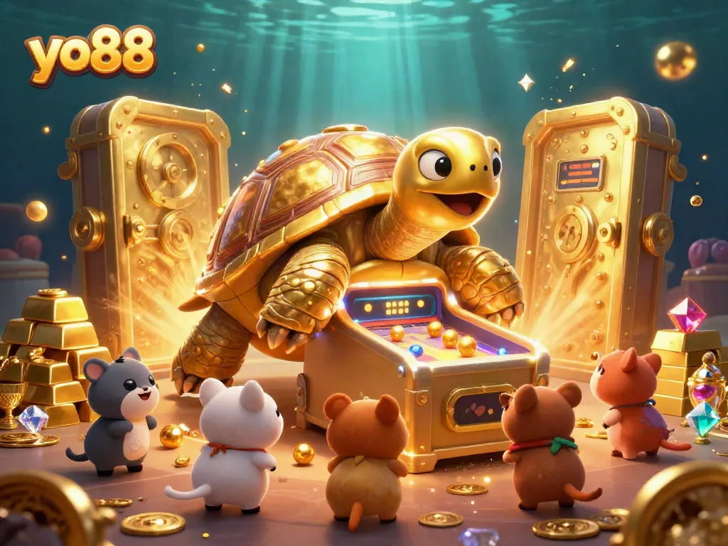 Experience the excitement of yo88 in this vibrant 3D illustration showcasing a colossal tortoise pinball machine.