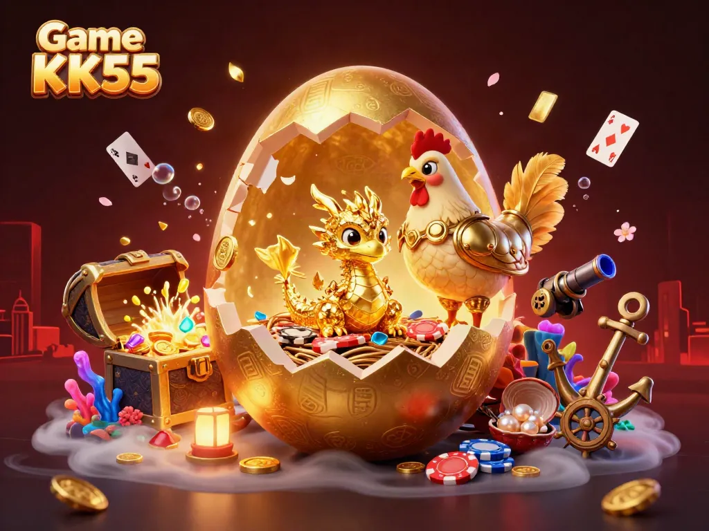Engage in the thrilling Game KK55 with a golden dragon guarding poker chips amidst colorful gems and dynamic casino elements.