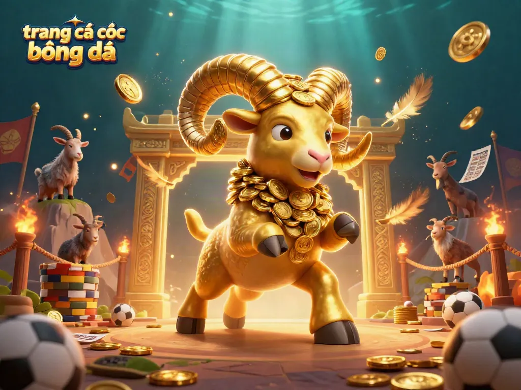 Engage in trang cá cược bóng đá with a dynamic 3D illustration of a charging golden ram amidst exciting betting elements.