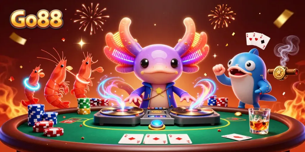 Engage in the thrill of Go88 with vibrant casino elements and a dynamic underwater DJ scene.