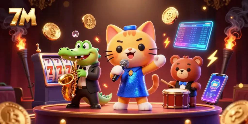 Engage with the thrilling 7M casino experience through jazz cat performers and slot reels.