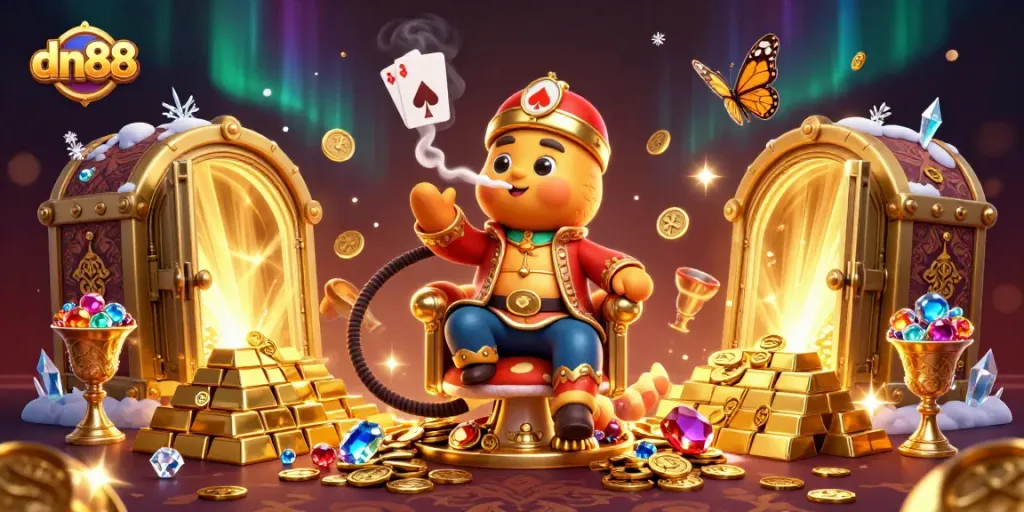 A vibrant casino scene showcasing dn88 with a caterpillar hookah-master, golden coins, and sparkling gems, enhancing the gaming experience.