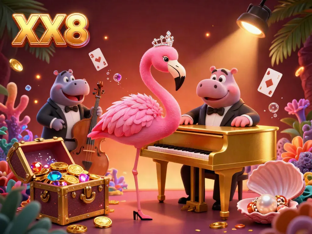 Engage with the thrilling XX8 casino experience as a flamingo singer and hippo bassist entertain amidst treasures and vibrant elements.
