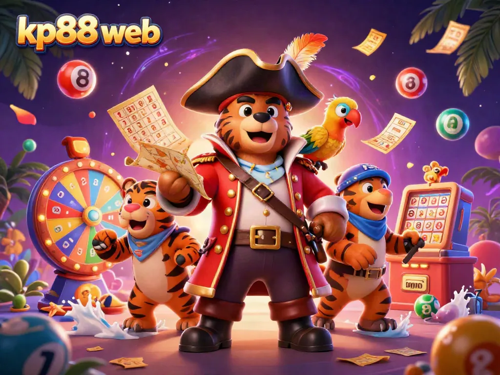 Engaging kp88 web casino illustration featuring colorful lottery elements and dynamic characters.