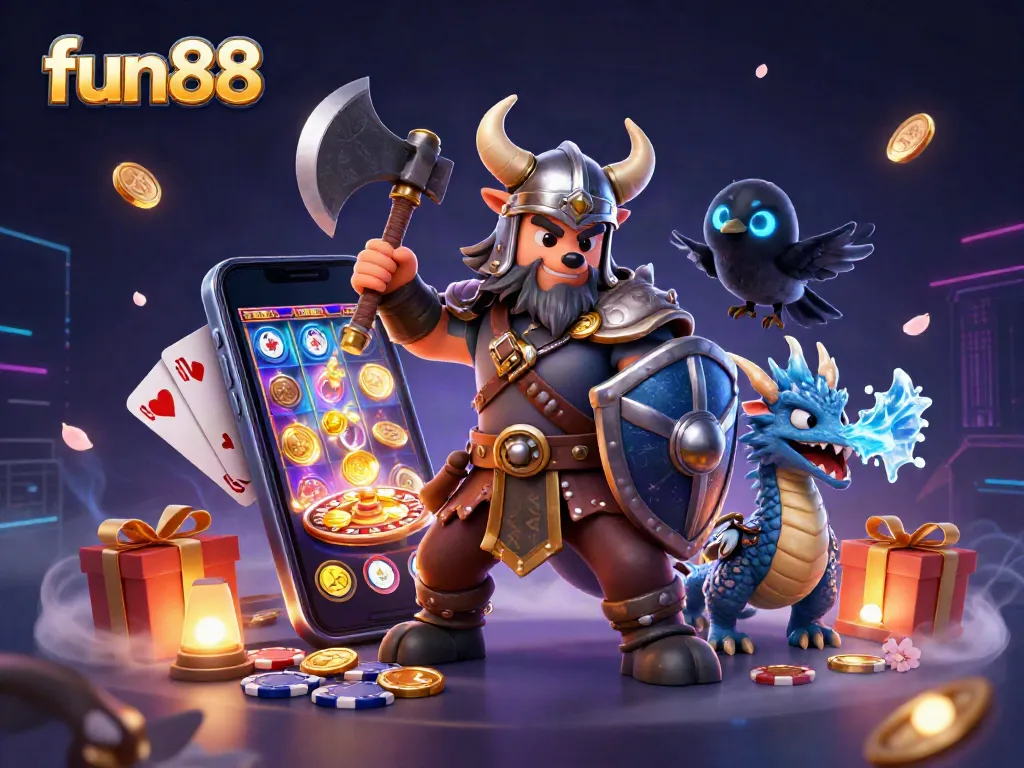 Experience fun88's excitement with a Viking wolf warrior amidst a vibrant online casino scene.