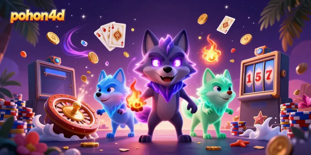 Pohon4d features a captivating scene with energetic wolves and casino elements, inviting players to enjoy gaming.
