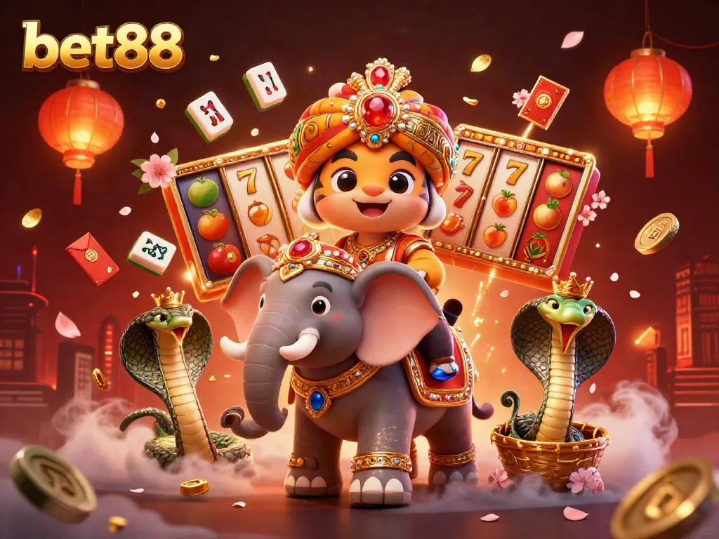 Engage in thrilling gameplay at bet88 with a dynamic 3D scene featuring a jewel-encrusted elephant and tiger.