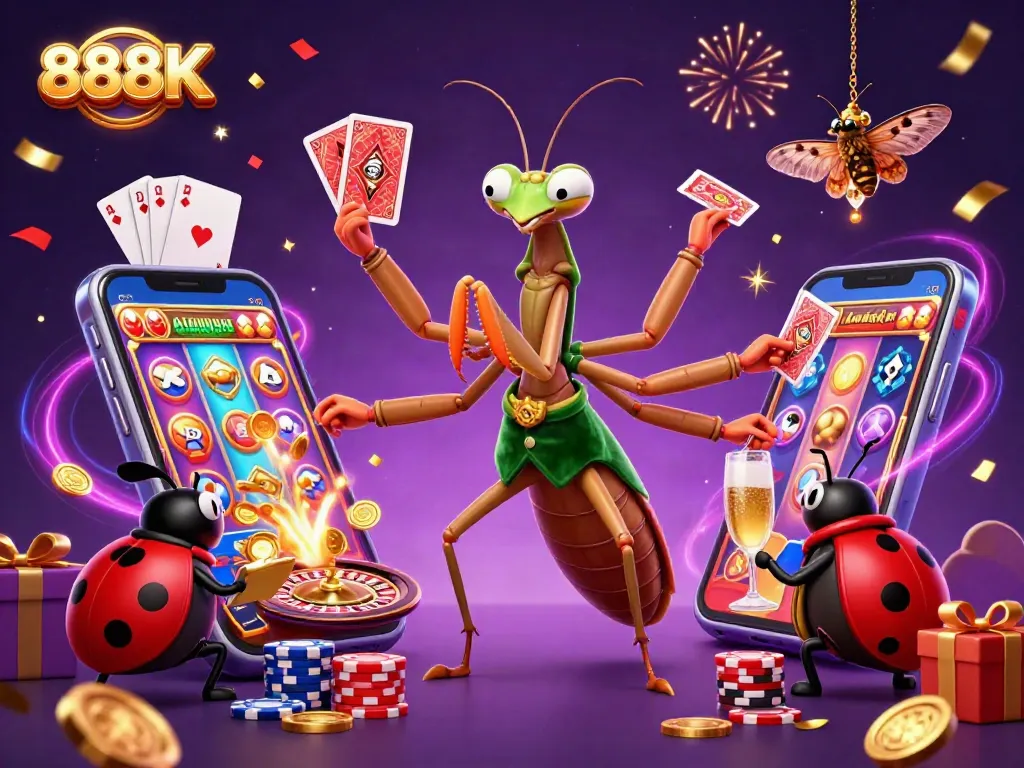 Engage with 888K's vibrant casino atmosphere, featuring animated characters and dynamic gaming elements.