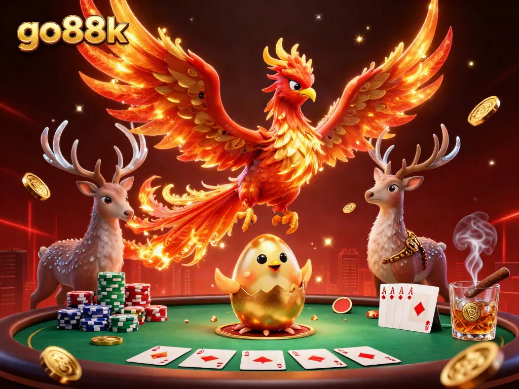 Engage in gambling excitement with go88k showcasing a dynamic poker scene featuring a phoenix and vibrant game elements.