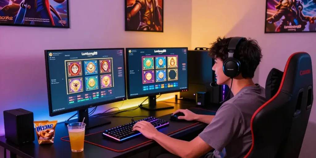 Engaged gamer enjoying lumbung88 on dual monitors in a vibrant gaming setup with snacks and ambient lighting.